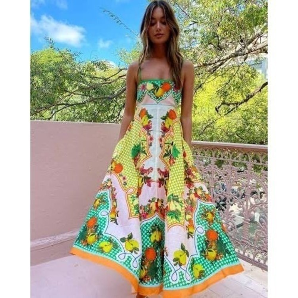 ALÉMAIS Alemais Lemonis Sundress Citrus Print Linen Midi Dress Size 8 - Picture 4 of 12